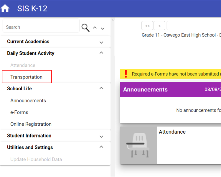 Tyler SIS window with "Transportation" outlined in red on the left hand menu. H2 Daily Student Activity, H3 Transportation.