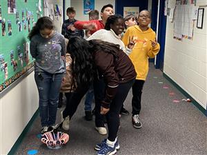 Mrs. Weber's class playing games at the winter party