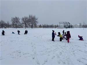 Students playing in the snow