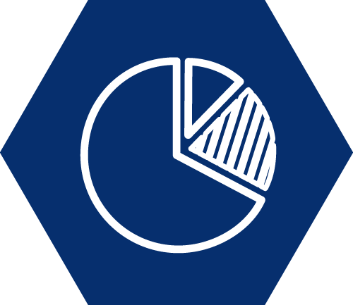 Pie chart in blue hexagon. 