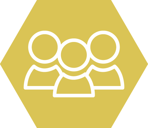 Silhouettes of people in yellow hexagon.