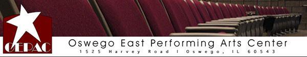 OEPAC Logo with Auditorium Chairs.  Text overlay stating Oswego East Performing Arts Center 1525 Harvey Road Oswego IL 60543 