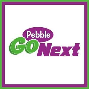 Pebble Go Next with purple and green letters and border