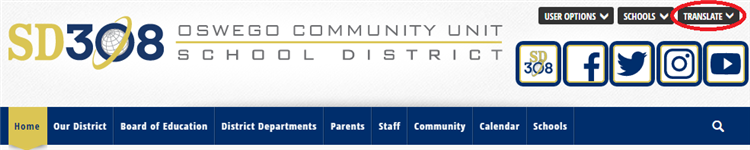 Parte superior del sitio web del distrito con el bot&oacute;n "Traducir" en un c&iacute;rculo rojo.