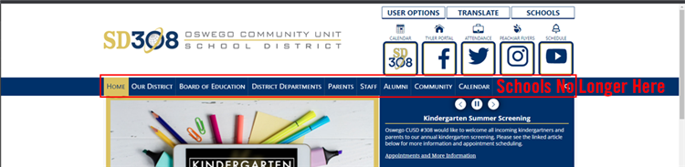 District Website with main menu highlighted and the words Schools No Longer Here in red where schools used to appear on menu.