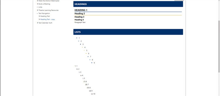 Example of Headings and List Styles showing the underlines and announcements. 