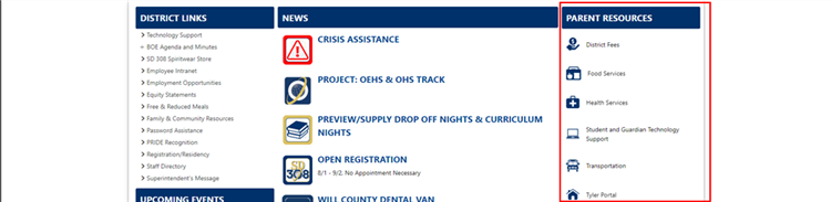 District Site with parent resources menu highlighted. 