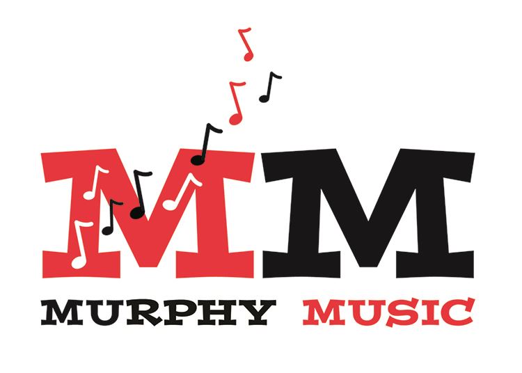 Murphy Music written out with music notes scattered around in red and black
