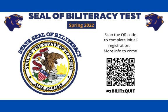 Seal of biliteracy on the left. Text says Seal of Biliteracy Test Spring 2022. QR code for pre-registration.