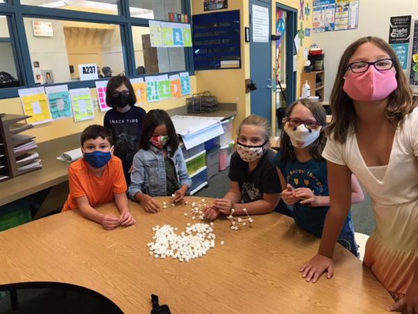 Ms. Studer's 4th grade class creating marshmallow towers