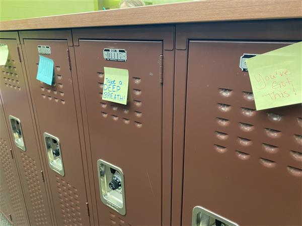 Post it notes with messages of kindness on student lockers
