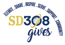 Elevate, share, inspire, serve, support and community in an arch over SD 308 logo and the word gives in italic. 