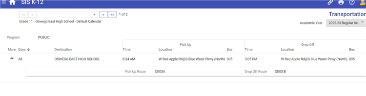 Tyler sis screen with first bus route shown for student in the academic year. 