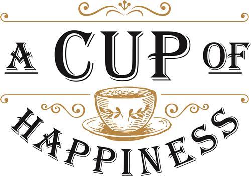 A Cup of Happiness with a coffee cup and artistic frills.