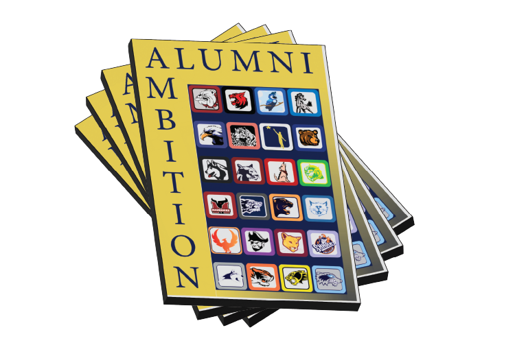 Stack of Alumni Ambition Magazines with school logos.