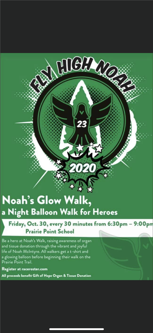 Flyer depicting a dove over an arrowhead, with the number 23 on its chest. Top text says "Fly High Noah 2020." 