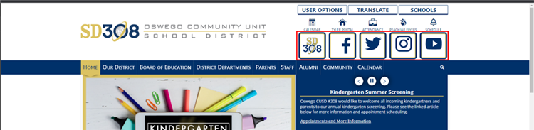 District website with social media buttons highlighted. 